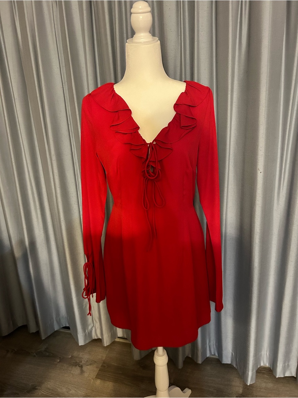 wild fable Red Ruffle Tie-Front Long Sleeve Dress